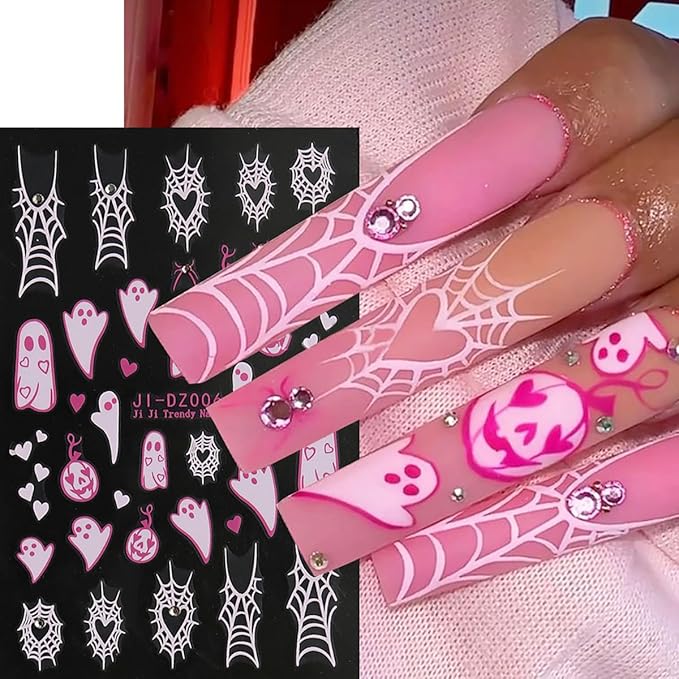 Halloween Nail Stickers for Nail Art - 6 Sheets Pink White Ghost Spider Web 3D Self-Adhesive Design With Rhinestones Charms