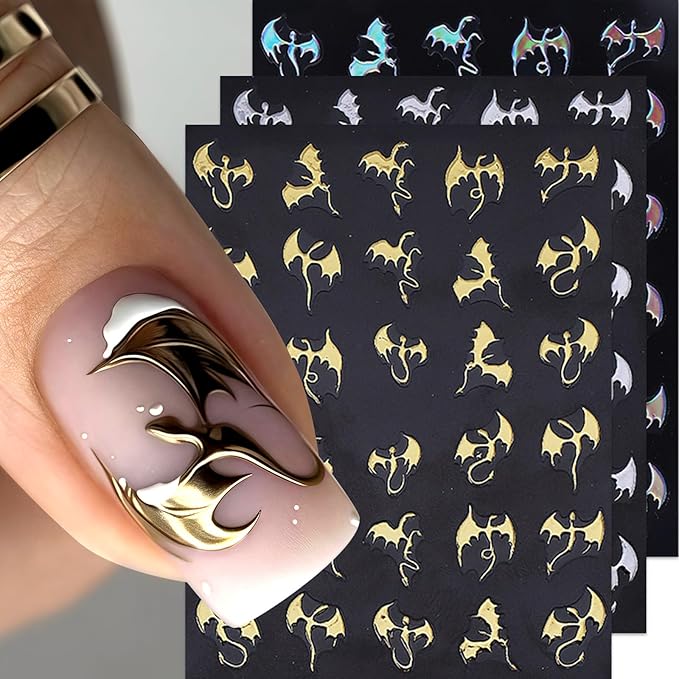 6Pcs Halloween Nail Art Stickers 3D Holographic Flying Dragon Nail Decals Self Adhesive Horror Bat Nail Stickers Gothic Bat Nail Supplies Halloween Holiday Decoration Nails Supply for Women DIY