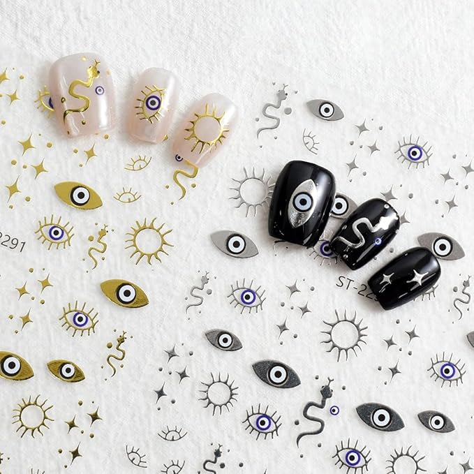 Evil Eye Nail Art Stickers 6Sheets Gothic Snake Star Sun Nail Stickers Gold Silver Blue Eye Nails Design 3D Self Adhesive Nail Art Supplies Halloween Nails Decals for Women DIY Manicure Decoration