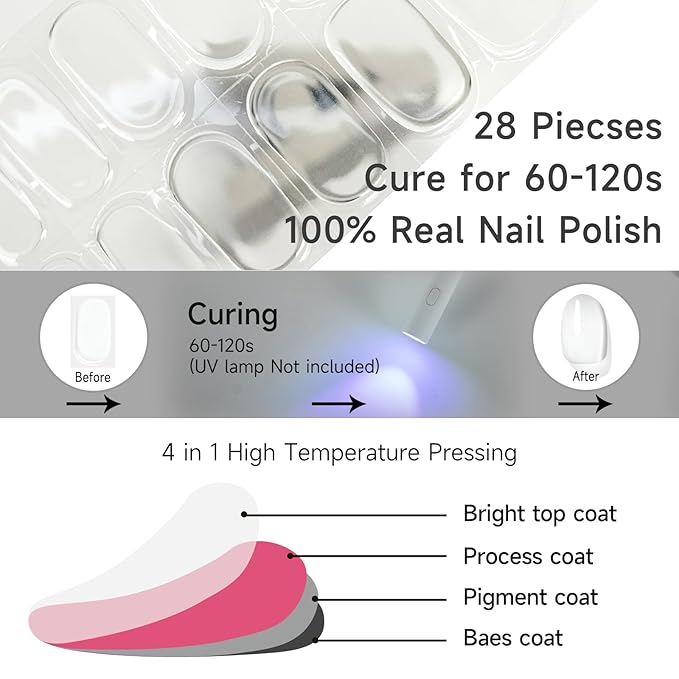 Semi Cured Gel Nail Strips, Transparent | 28 pcs Gel Nail Strips Work with Any UV Lamp, Salon Quality UV Nails Stickers, Easy to Apply for Home Nails DIY