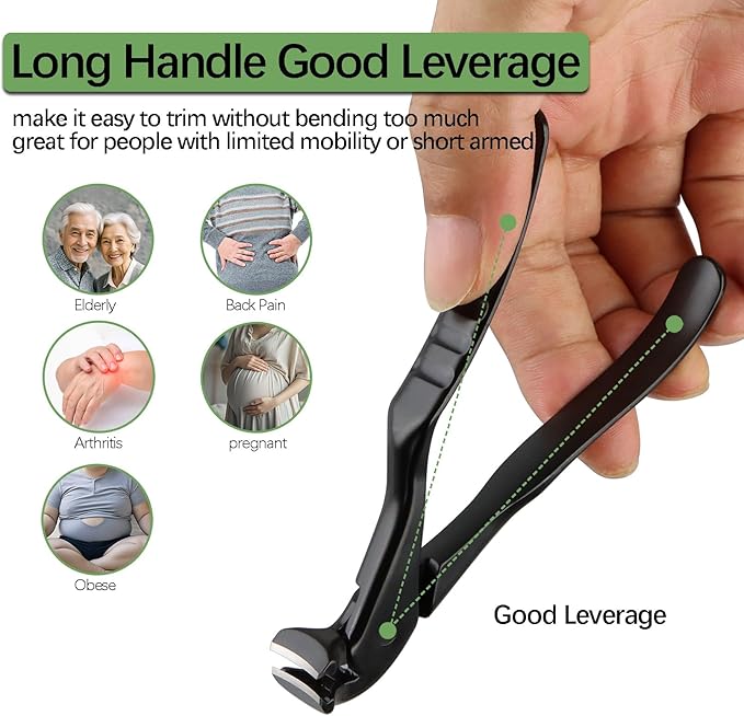 Long Handled Toenail Clippers for Thick Toenails, Ergonomic Non-Slip Toe Nail Clippers for Thick Nails for Seniors, Men, Angled Head Wide Jaw Opening Anti-Splash (Black)