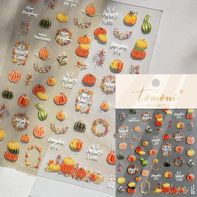 Fall Nail Art Stickers Decals Autumn Pumpkin Nail Decals 5D Embossed Self-Adhesive Pumpkin Flower Nails Design Stickers Thanksgiving Nails Decorations for Women DIY Manicure Art Supplies