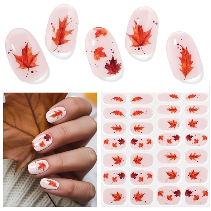 Semi Cured Gel Nail Strips, 28 pcs Nail Polish Strips Autumn Work with Any UV Lamps, Fall Nail Wraps for Women, Salon-Quality Gel Nail Polish Stickers (Maple Leaf)