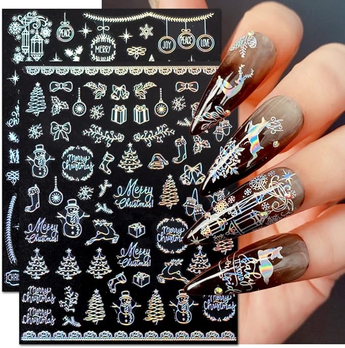 9 Sheets Aurora Christmas Nail Art Stickers Decals Self-Adhesive Pegatinas Uñas Glitter Rose Gold Snowflakes Winter Nail Supplies Nail Art Design Decoration Accessories