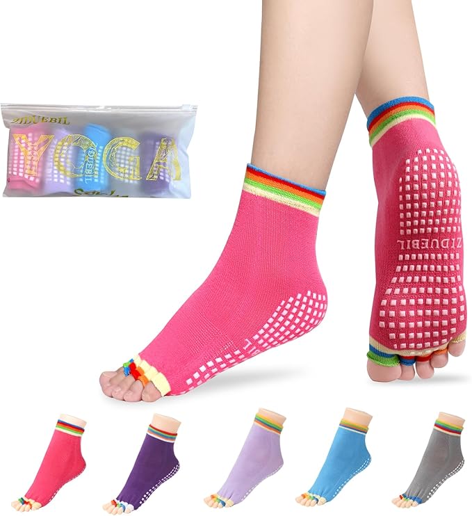 Women's Toe Separator Yoga Socks 5-Pack - Non-Slip Grips, Barefoot Pilates Socks with Open Toes, Breathable Cotton for Barre, Dance, Studio - Fits US 5.5-9.5 + Storage Bag
