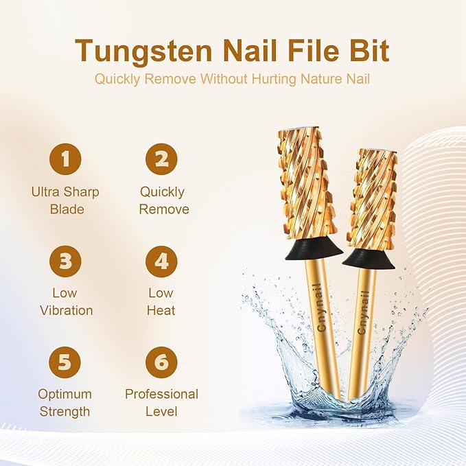 3/32" Large Tapered Barrel Flat Bit Tungsten Carbide Nail Drill Bit Safety Bit for Gel & Acrylic Removal, 2- Way Rotating Efile Tip, Salon Electric File Accessory (XC Girt, Gold)