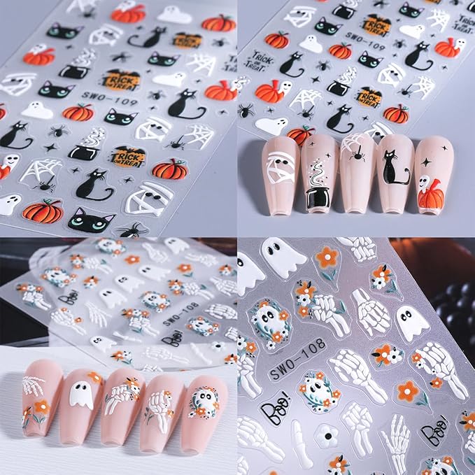 4 Sheets Halloween Nail Art Stickers Decals Cute Cat Ghost Nail Decals 3D Self-Adhesive Pumpkin Spider Web Skeleton Flower Nails Stickers Halloween Nails Supplies for Women Manicure Decor