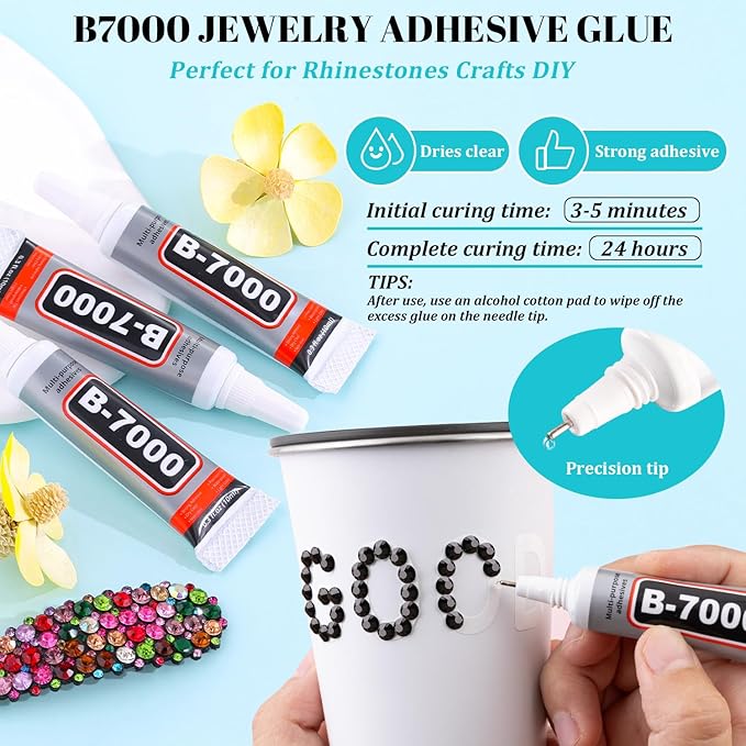 6100Pcs Resin Rhinestones for Crafting with 2Pcs 10ml B7000 Jewelry Glue, 1 Box Flatback Crystals Diamond (Black) for Bedazzling Crafts DIY Nail Art Non Hotfix Gems for Clothing Shoes Tumblers