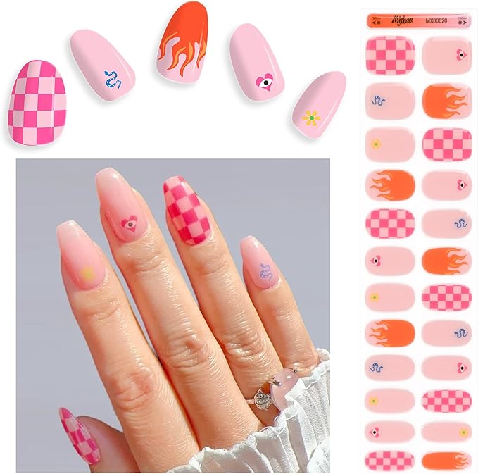 Semi Cured Gel Nail Strips - Trendy Nail Polish Wraps Works with Any UV Lamp - Long Lasting Easy Salon Manicure - 24pcs with 2 Prep Pads, Nail File & Cuticle Stick (Wild Card)