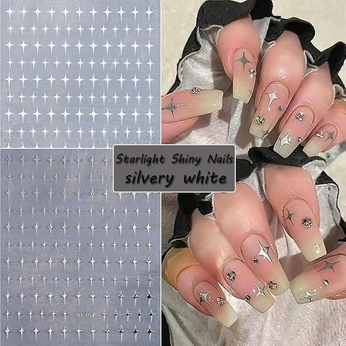 8Sheets Shiny Glossychic Stars Nail Stickers 3D Glitter Gold Black White Starshine Cross Rhinestones Silver Star Design Self-Adhesive Decals Luxury 5D Nail Art Stickers Star Charms Nail Decoration