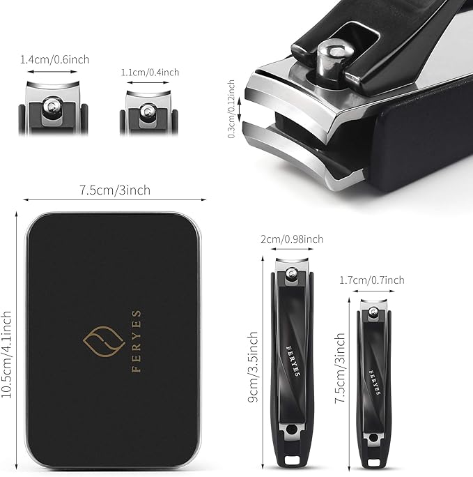 FERYES Nail Clippers with Catcher 2 PCS Set, No Splash Fingernail Clipper and Toenail Clipper, Stainless Steel Nail Cutters - W/Black Metal Case Packing