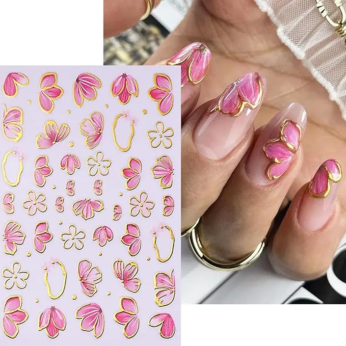 6 Sheets Pink Flower Nail Stickers for Nail Art Cherry Blossom Petals Nail Art Stickers Golden Edge with Pink Floral Blossom Design Spring Summer Nail Decals Nail Supplies for Women Acrylic Manicure