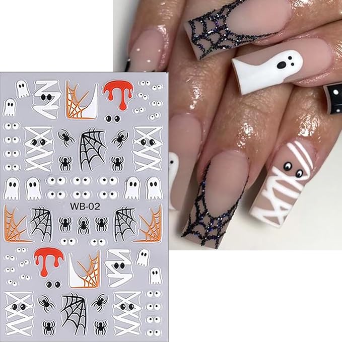 6 Sheets Halloween Cute Ghost Nail Stickers for Nail Art 3D Self-Adhesive Glitter Pumpkin Spider Web French Nail Art Decals Black White Halloween Starlight Nail Decals for Women DIY Manicure Art Kit