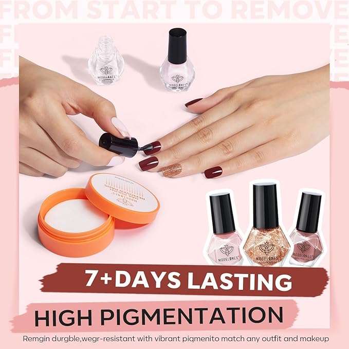 Modelones Nail Polish Set with 42 Pcs Remover Pads and Base Top Coat, 3 Colors Brown Glitter Mini Nail Polish Kit Fingernail Polish Bulk Manicure Diy Nail Art Salon Home