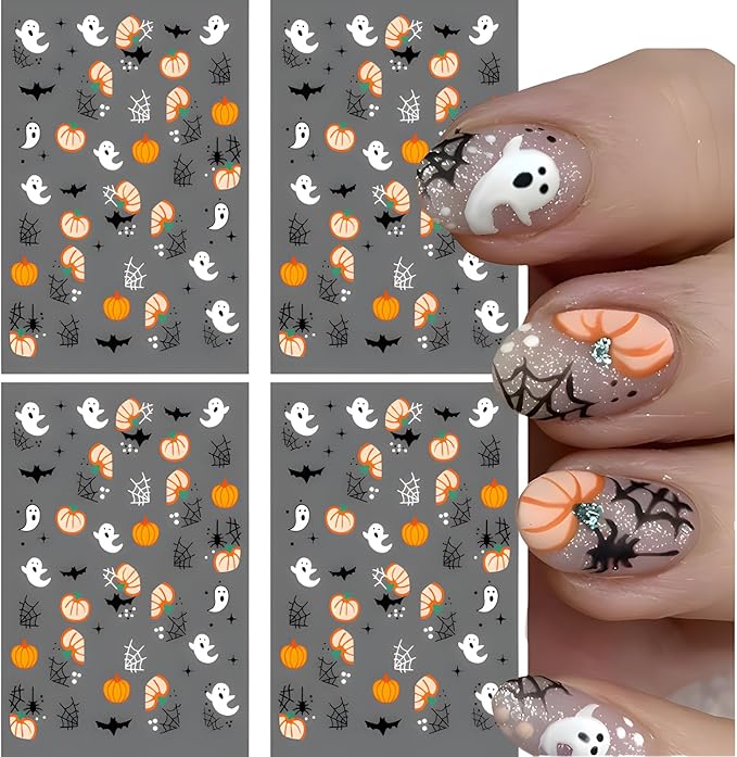 12 Sheets Halloween Nail Stickers Pumpkin Flower Nail Art Stickers 3D Self-Adhesive Bat Ghost Nail Decals Spider Nail Supplies Spider Web Nail Art Decoration for Women and Girls