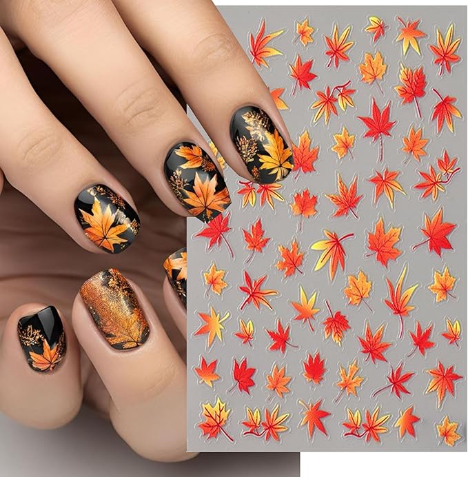 Fall Maple Leaves Nail Stickers for Nail Art Thanksgiving Autumn and Winter Maple Leaf Gradient Maple Leaf Nail Art Designs 3D Self-Adhesive Decals for Women Nail Decoration Supplies 2 Sheets