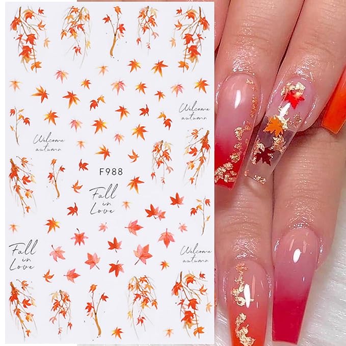 6Sheets Fall Nail Art Stickers Gold Yellow Maple Leaf 3D Self-Adhesive Nail Decals Cute Squirrel Elk Designs Autumn Nail Decorations Thanksgiving Nail Supplies for Women Girls DIY Nail Accessories
