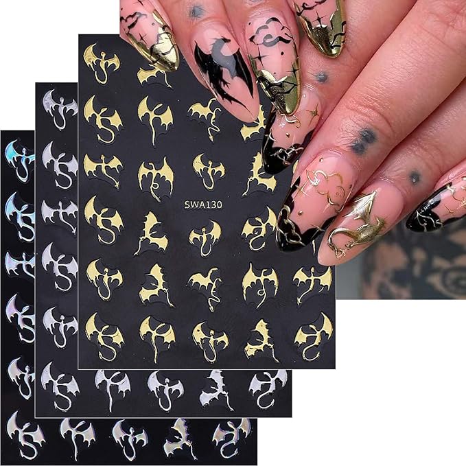 ONPRESS 8Sheet Halloween Bats Nail Stickers Black Gold Glitter French Tips Nail Art Stickers 3D Self-Adhesive Silver Red Spider Web Nail Decals Exquisite Gothic Holiday Nails Supplies for Women DIY