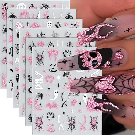 Halloween Nail Art Stickers, Cute Ghost Nail Art Decals 3D Self-Adhesive with Pink Bat Pumpkin Heart Skull Spider Web Nail Design 6Pcs Halloween Nail Art Supplies for Women Nail Decoration