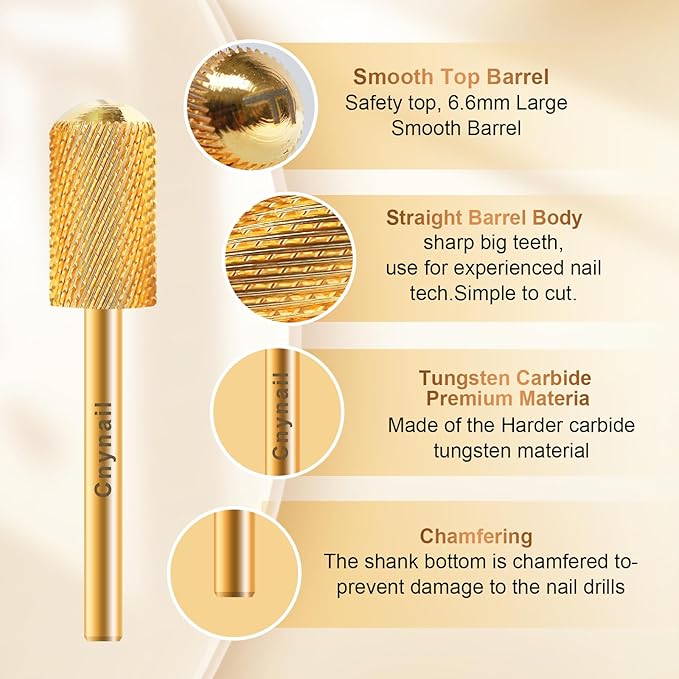 3/32" Large Barrel Smooth Round Top Tungsten Carbide Nail Drill Bit Safety Bit for Gel & Acrylic Removal, 2-Way Rotating Efile Tip, Salon Electric File Accessory (F Grit, Gold)