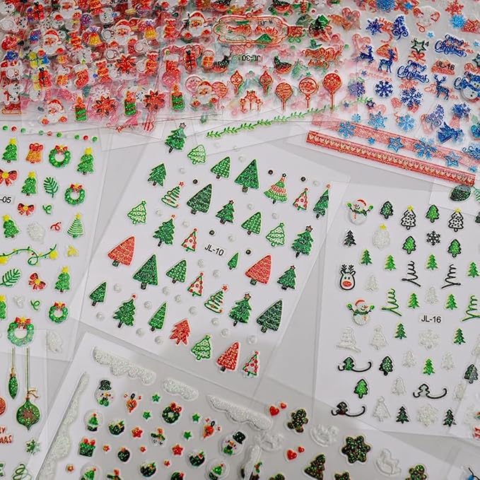 30PCS Christmas Nail Art Stickers Decals 3D Self-Adhesive Xmas Nail Decals Nail Art Supplies Xmas Tree Santa Claus Elk Cartoon Christmas Nails Design Adhesive Stickers for Women DIY Nail Decorations