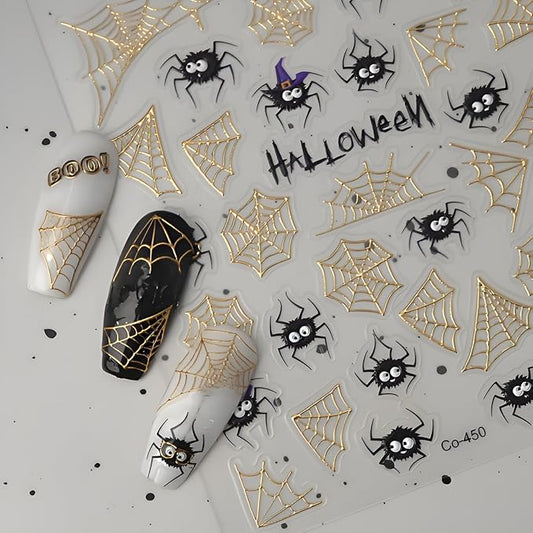 Halloween Nail Stickers Gold Nail Sticker for Nail Art 5D Self-Adhesive Gold Spider Web Nail Decals Spider Nails Supplies Decoration Accessories for Women and Girls