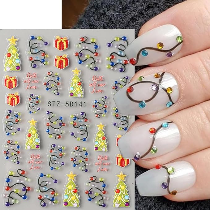 2pcs Christmas Nail Art Stickers 5D Embossed Colorful Christmas Light Strips & Green Christmas Tree Design Nail Adhesive Stickers Xmas Nail Decals Red Gift Sticker for Women DIY Manicure Decor Tips