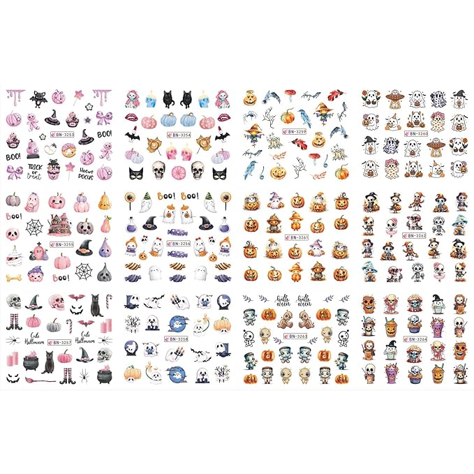 12sheet Halloween Nail Stickers Funny Pumpkin Nail Art Stickers Decals with Cute Ghost Skeleton Spider Design Nail Stickers for Nail Art Water Transfer Nails Supplies for Women Manicure Decor
