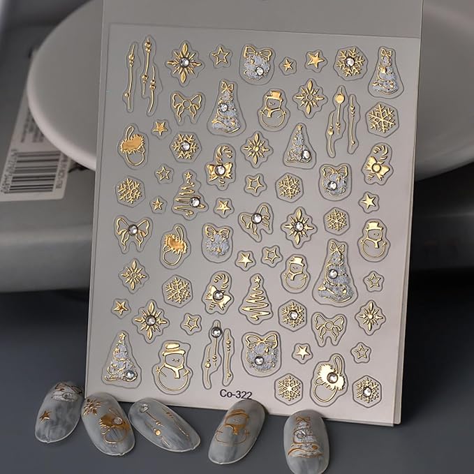 5D Embossed Christmas Nail Sticker Gold Christmas Tree Snowman Snowflake Designs Self Adhesive Nail Decals Rhinestone Winter Nail Art for Women Girls Manicure Supplies Nails Art Decorations