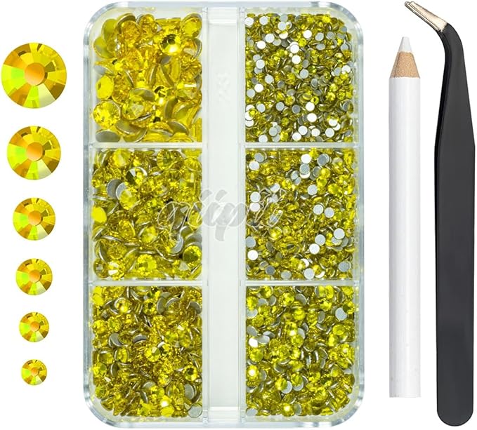 2550pcs Golden Yellow Nail Art Flatback Rhinestones for Face Makeup - Citrine Yellow Nail Gems & Gemstones K9 Glass SS4SS20 6 Sizes Bling Diamonds Stones w Tweezer & Pick Pen for DIY Crafts