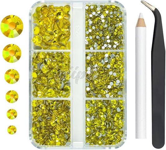 2550pcs Golden Yellow Nail Art Flatback Rhinestones for Face Makeup - Citrine Yellow Nail Gems & Gemstones K9 Glass SS4SS20 6 Sizes Bling Diamonds Stones w Tweezer & Pick Pen for DIY Crafts