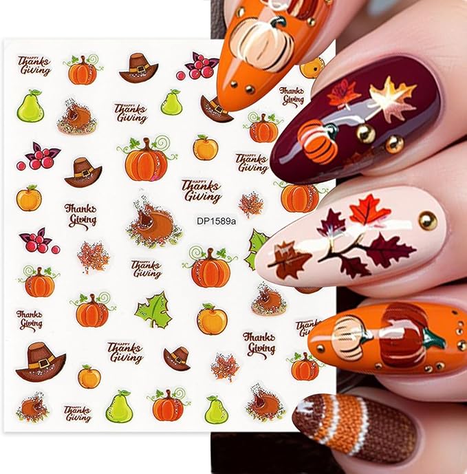 6 Sheets Fall Nail Stickers Autumn Maple Leaf Nail Art Stickers for Nail Art Cute Pine Cones Pumpkin Turkey Designs 3D Self-Adhesive Thanksgiving Nail Decals for Women DIY Acrylic Manicure Decoration