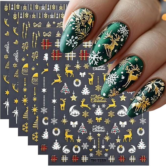3D Christmas Nail Stickers for Nail Art, Gold Self-Adhesive Christmas Nail Art Stickers Decals 6PCS Deer Snowflake Crystal Ball Bow Tree Snowman Xmas Nails Design Holiday Manicure Supplies for Women