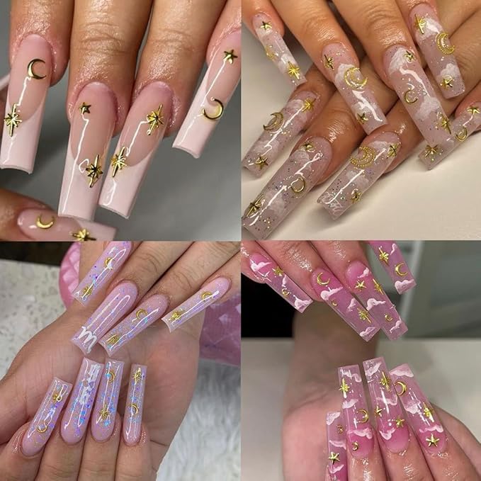 3D Star Nail Charms, Gold & Silver Multi-Shapes Metallic Nail Art Gems and Small Round Caviar Beads, Craft Jewels Nail Rhinestones Accessories Manicure Decor with Tweezers and Pick-up Pencil 4