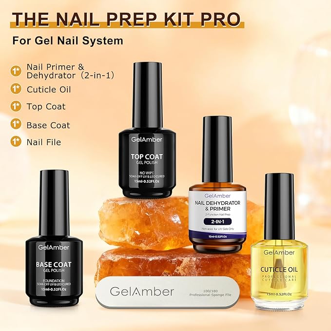 4Pcs 15ml Nail Dehydrator and Primer 2-in-One with Gel Base and Top Coat Set, Cuticle Oil and Nail File, Acid-Free No Wipe Essentials for Shiny & Long-Lasting Natural Manicure