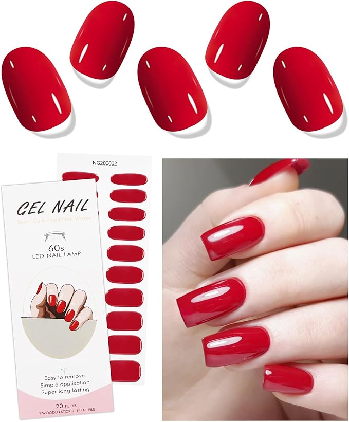 JMEOWIO Semi Cured Gel Nail Strips Bright Red Gel Nail Stickers Nails Art Design Decoration Accessories