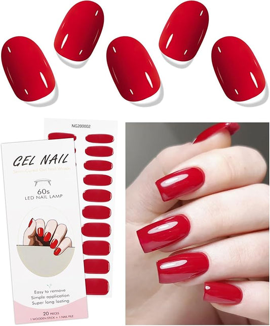 JMEOWIO Semi Cured Gel Nail Strips Bright Red Gel Nail Stickers Nails Art Design Decoration Accessories