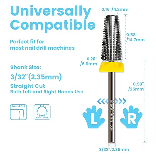 5 in 1 Nail Drill Bits, Straight Cut 3/32'' Professional Tungsten Carbide Bits, Two-way Rotation Easy for Left Hand, Hard Soft Gel Removal Fast Manicure Polishing, Extra Fine