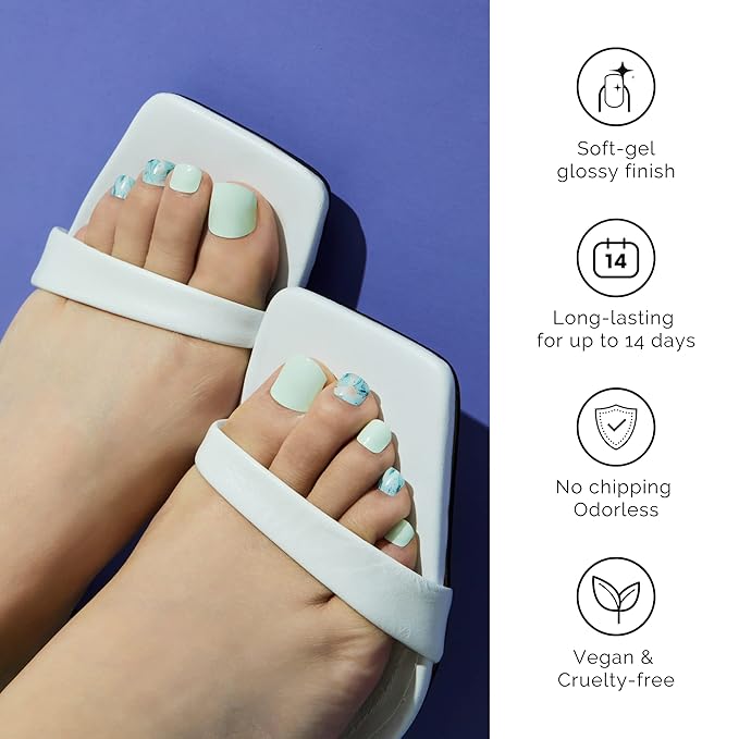 NAILOG Semi Cured Gel Nail Strips, Toe Nail Polish Strips with Glossy Gel Finishing | Buy 3 Get 1 UV Lamp| 32 Pieces Long Lasting Pedi Stickers| Baby Blue