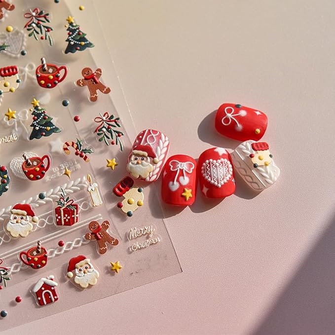 Christmas Nail Art Stickers Decals 5D Santa Claus Christmas Tree Nail Stickers 1PCS Self-Adhesive Santa Trees Gifts Holly Gingerbread Man Design Xmas Nails Adhesive Decals Supply for Women Girls