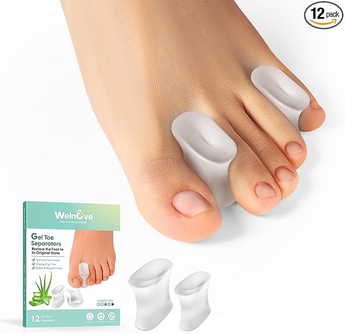 Welnove Upgraded Gel Toe Separators – 12-Pack Aloe Vera Extract Infused Silicone Toe Spacers for Straightening Overlapping Toes, Bunions, Calluses – Bunion Corrector for Men and Women