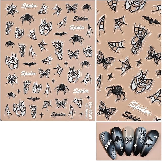 12Pcs Halloween Nail Stickers - 5D Embossed Halloween Nail Decals - Self-Adhesive Hand Bones Skull Spider Web Pumpkin Nail Design Decorations for Halloweens DIY Manicure Supplies
