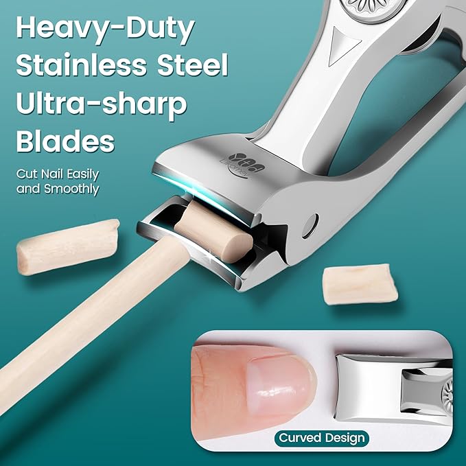YTD Likomey Angled Head Wide Jaw Opening Nail Clippers,Long Handled Toenail Clippers for Thick Nails,Ultra-Sharp Fingernail Clipper with Catcher,Nail Cutter with Nano Glass Nail File Set for Seniors