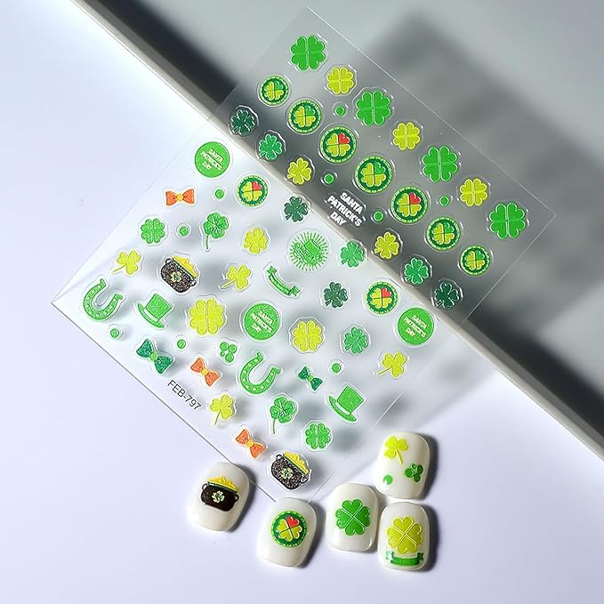 St. Patrick's Day Nail Art Stickers,Green Shamrock 3D Relief Self-Adhesive Nail Decals St. Patrick's Nail Supplies Four Leaf Clover Nail Sticker Lucky of Irish Spring Summer Design Manicure Decor