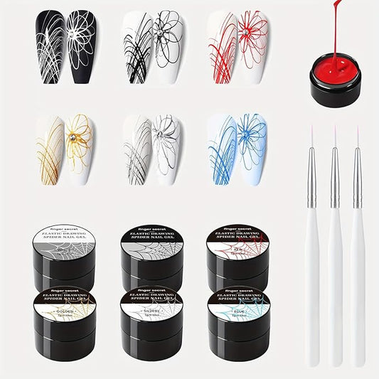 5g/0.18oz 6 Colors Spider Gel Kit for Nails, Spider Design for Art Wire Drawing Nail Gel for Line with Brushes for Nail Art