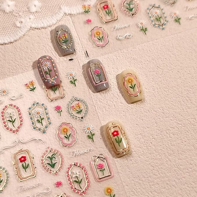Tulip 5D Embossed Nail Art Stickers, Self-Adhesive Floral Design Decals with Golden Frames, Spring Summer Manicure Decorations for Women, 2 Pieces
