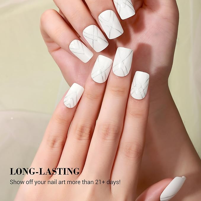MelodySusie Semi Cured Gel Nail Strips, 20 PCS Gel Nail Stickers, Gel Nail Wraps, UV Light Required, Durable and Salon Quality (White Line)