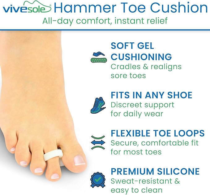 VIVEsole Hammer Toe Crest Cushion & Buttress Pad - Reduces Pressure from Calluses & Hammer Toes (Pair) - For Left & Right Feet - Toe Separator Corrector for Curled, Crooked, Curved, Overlapping Toes