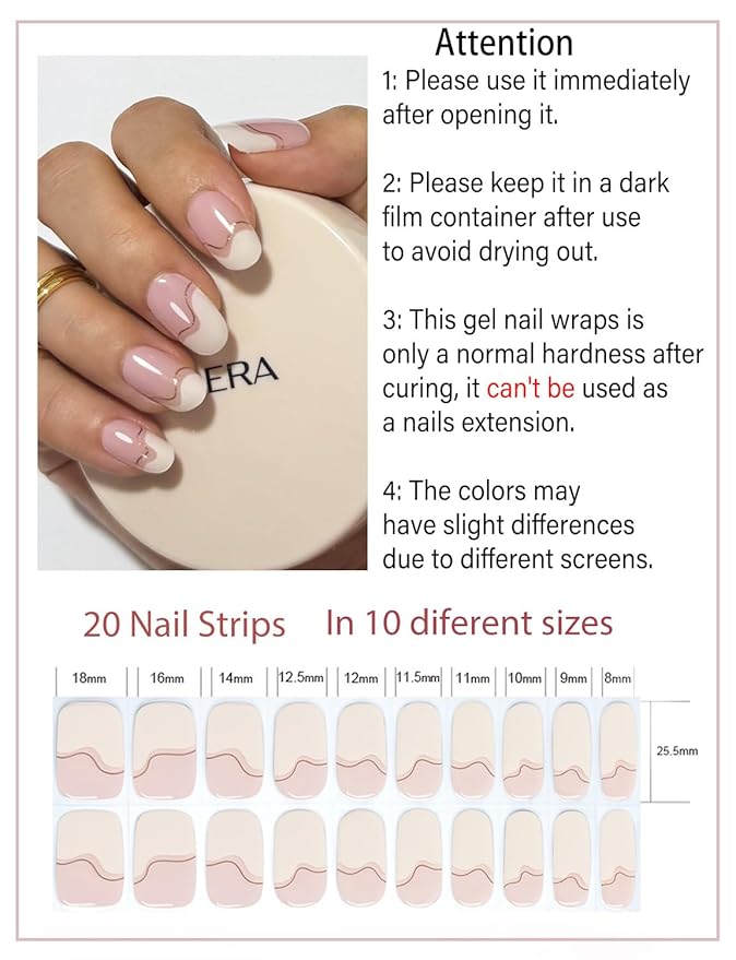 Semi Cured Gel Nail Strips, Irregular French, Gold Line 20pcs Gel Nails Sticker UV for Home Nails DIY