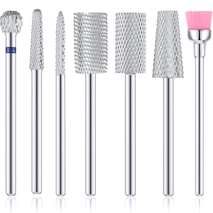 Hestya 7 Pieces Nail Drill Bits Set Tungsten Carbide Drill Bits for Nails Electric File 3/32 Inch Diamond Manicure Pedicure Cuticle Remover Tools for Acrylic Gel fingernail Salon(Silver)